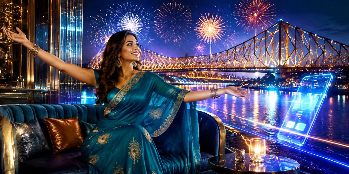 Evening view of Kolkata Howrah Bridge with mobile payments concept